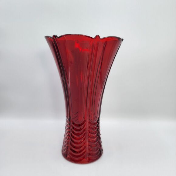 High 9.5in Embossed Flared Glass Vase Art Deco Style Design Red - Picture 1 of 10